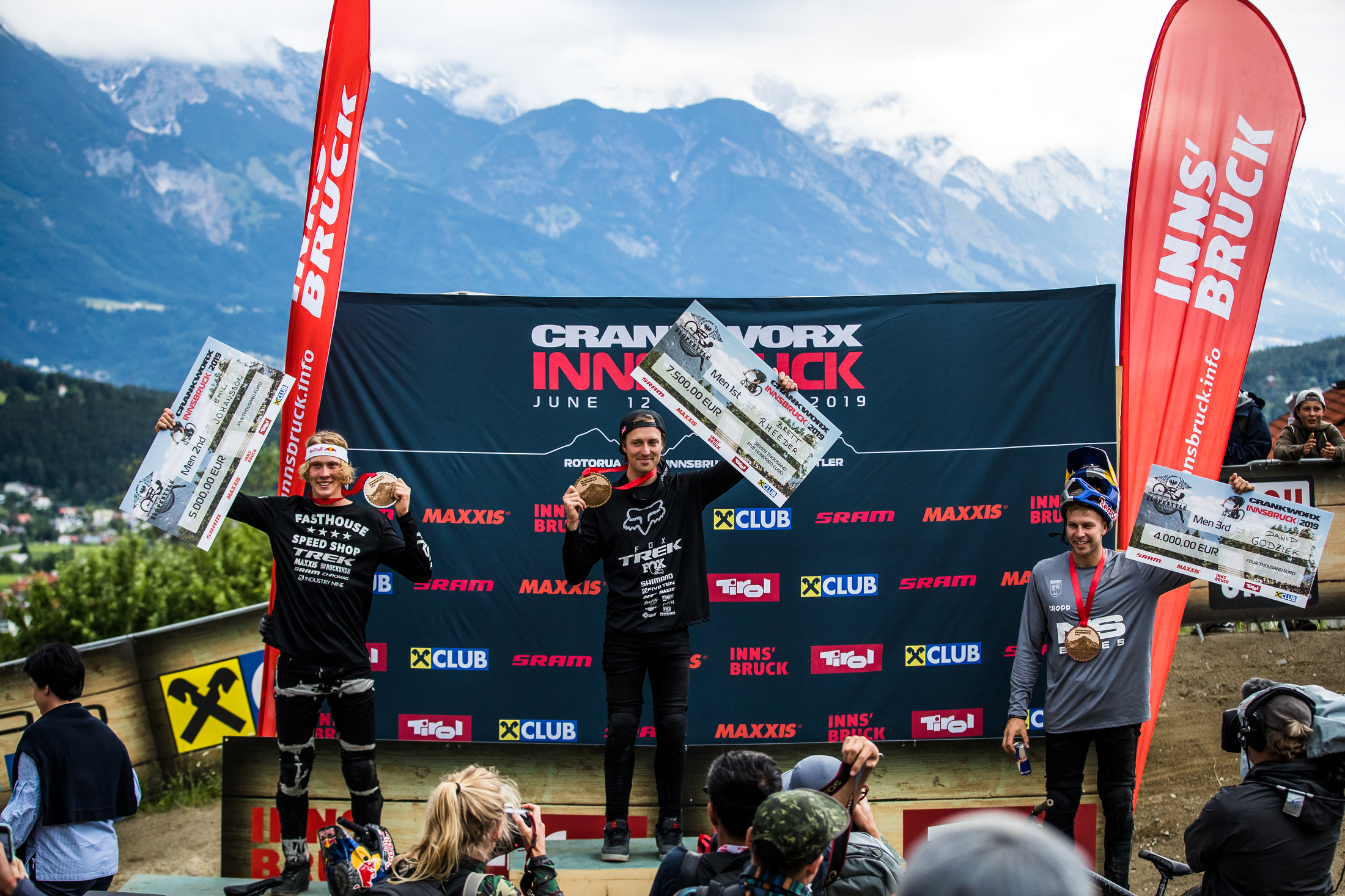 Brett Rheeder, Emil Johansson, and David Godziak make up the slopestyle podium. Crankworx Innsbruck 2019.